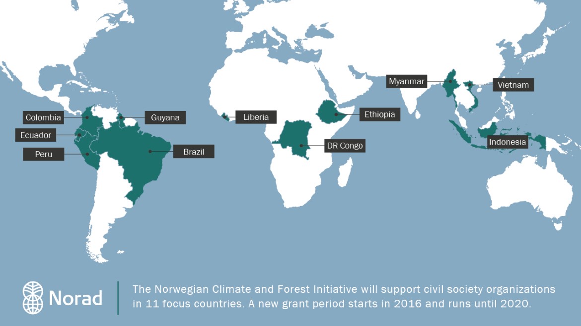 Map that shows 11 focus countries for support to civil society through NICFI 2016-2020