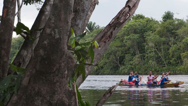 Norsk støtte til sivilsamfunns-organisasjoner har blant annet bidratt til å styrke urfolks rettigheter i Amazonas. Bildet er fra landsbyen Mauratio og elva Demerara, øst i Guyana. Verdens naturfond (WWF) er i landsbyen for å gi opplæring til lokalbefolkningen i hvordan de skal overvåke regnskogen. Foto: Ken Opprann.