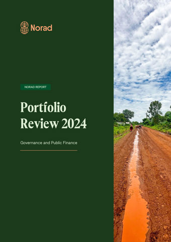 The image shows the cover of a report titled "Portfolio Review 2024" by Norad. The left side is dark green with text, while the right side displays a muddy, reddish dirt road with puddles, stretching into the distance under a cloudy sky. Some people are walking along the road.