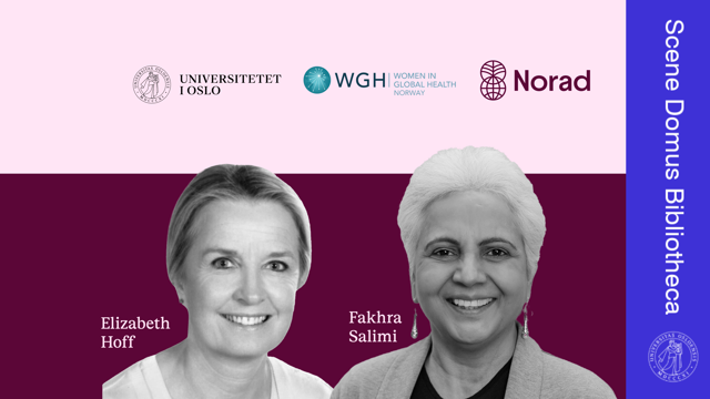 Portrett i svart hvitt av Elizabeth Hoff og Fakhra Salimi med rosa bakgrunn
