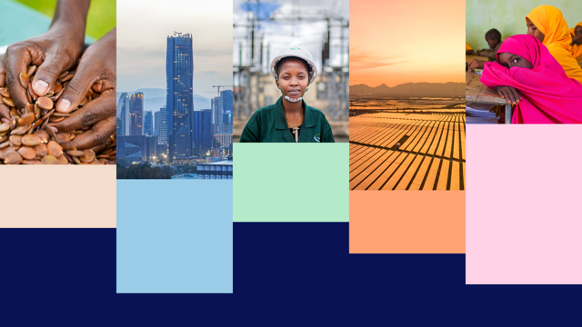 Kollage med bilder og grafiske elementer i sterke farger.