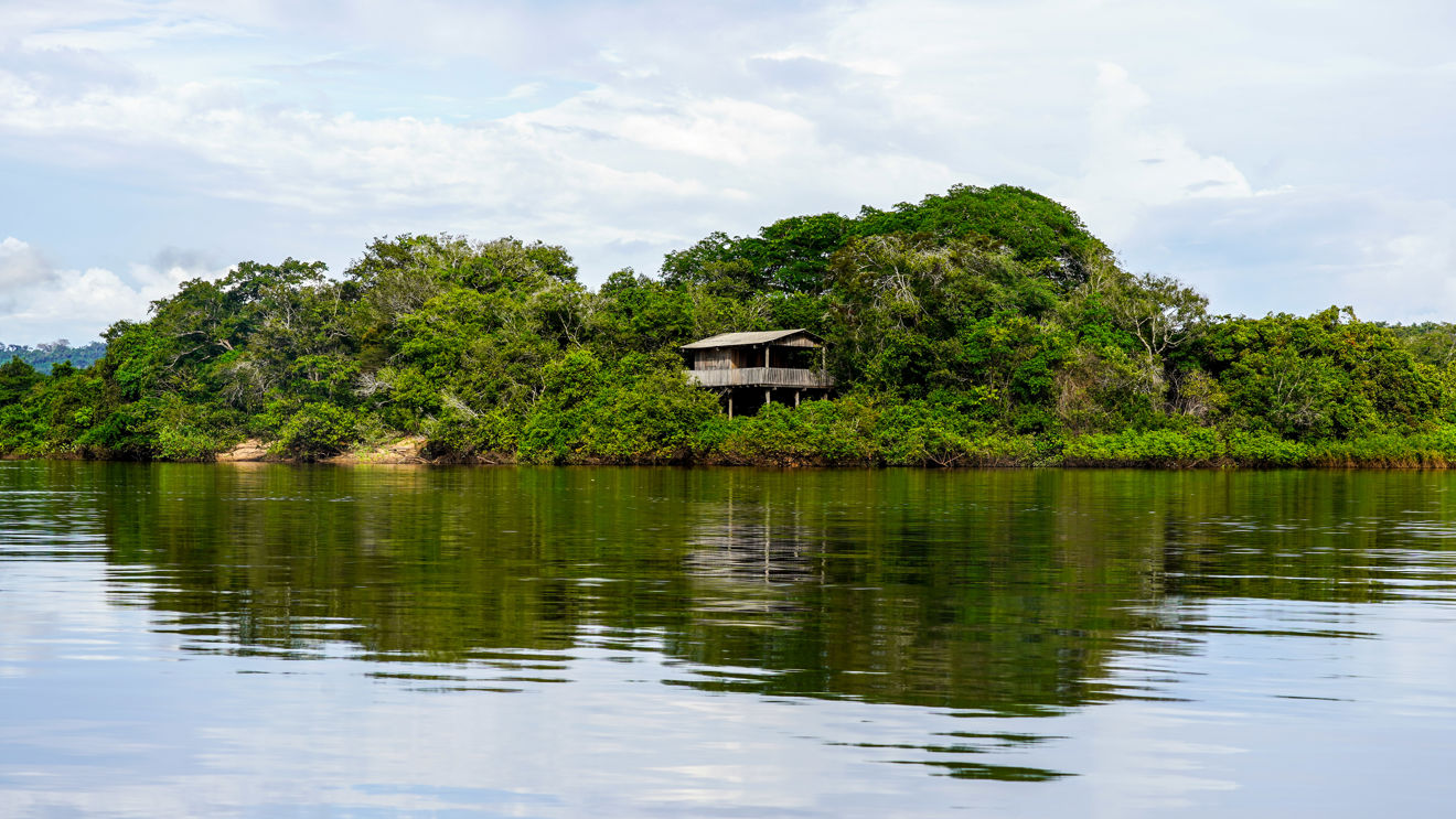 The image shows a lush, green island with dense vegetation. In the middle of the island stands a simple, wooden house on stilts, partially hidden by the trees. The island is surrounded by calm water that reflects both the house and the greenery. The sky is bright with a few clouds, and the landscape evokes a sense of tranquility and isolation, far from any city or town.