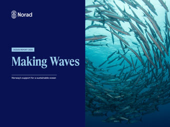 Bildet er et omslag for en rapport kalt "Ocean Report 2025" fra Norad, som er Norges bistandsorganisasjon. Omslaget har en dyp blå bakgrunn med tittelen "Making Waves" i lyseblå skrift, og en undertekst som lyder "Norway's support for a sustainable ocean." På høyre side av omslaget er det et visuelt element som viser en stor stim av fisk svømmende i havet