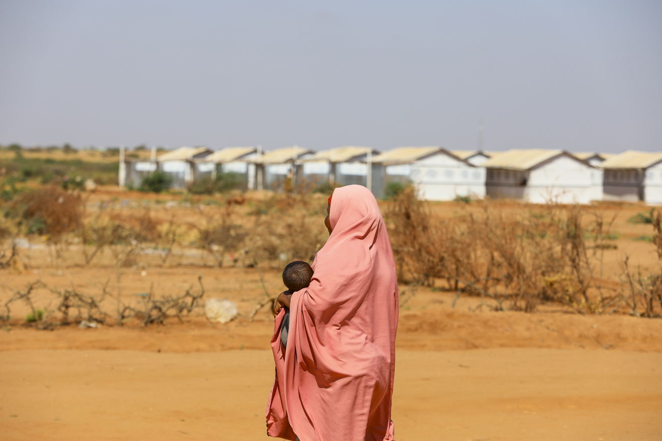 An adult woman wearing pink clothes carries a small child, with white buildings in the background. The landscape is dry.