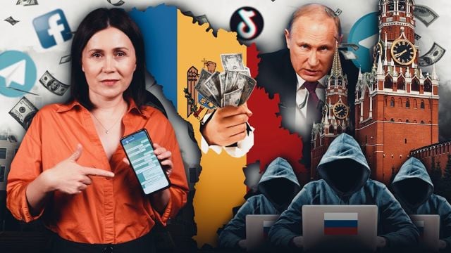 En fotomontasje viser en kvinne som peker på en mobiltelefon, et kart over Moldova og en hånd med dollarsedler. Vladimir Putin, Kreml, logoer for sosiale medier og hettekledde personer ved datamaskiner med russiske flagg inngår også i montasjen.