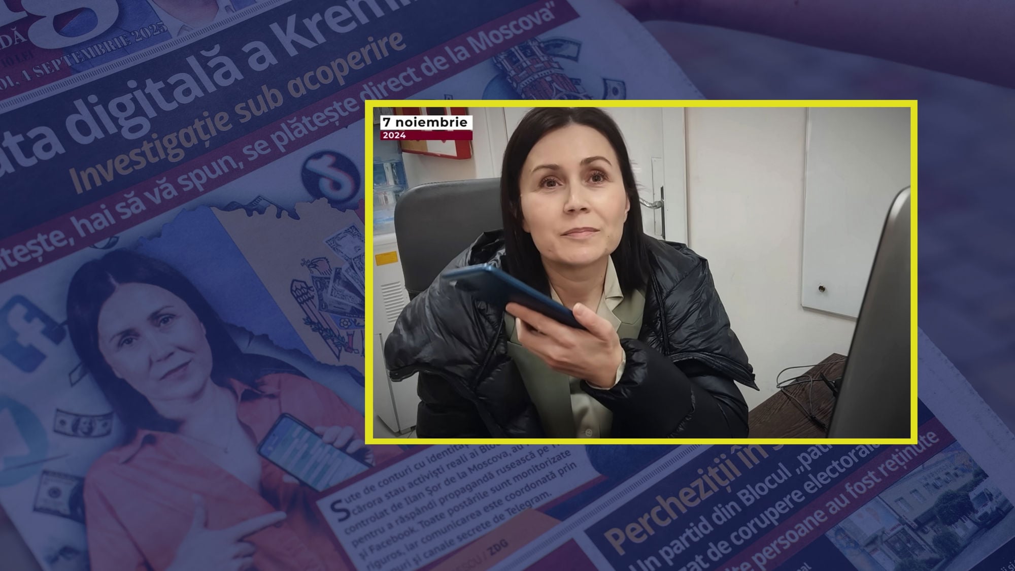 A woman sits in an office holding a smartphone near her mouth. The image is framed in yellow over a newspaper background and dated 7 November 2024.