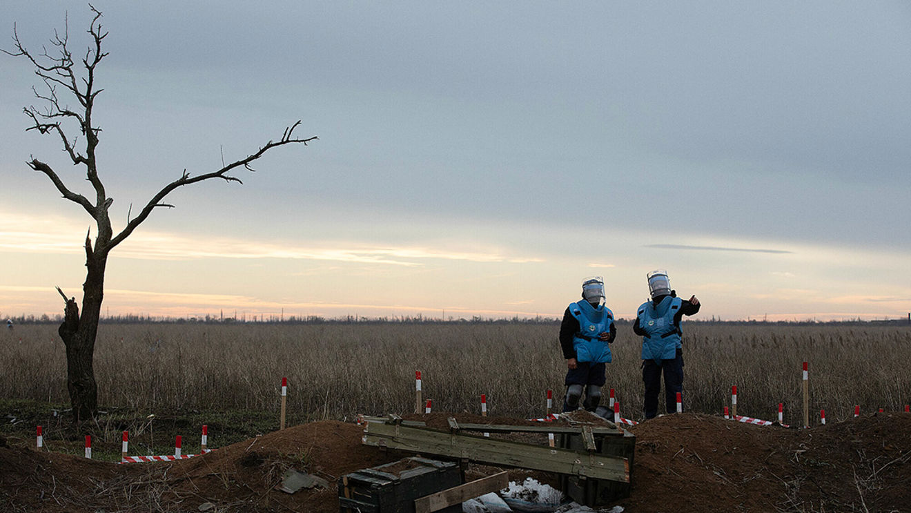 Mine clearance teams in Ukraine are standing in an empty landscape.