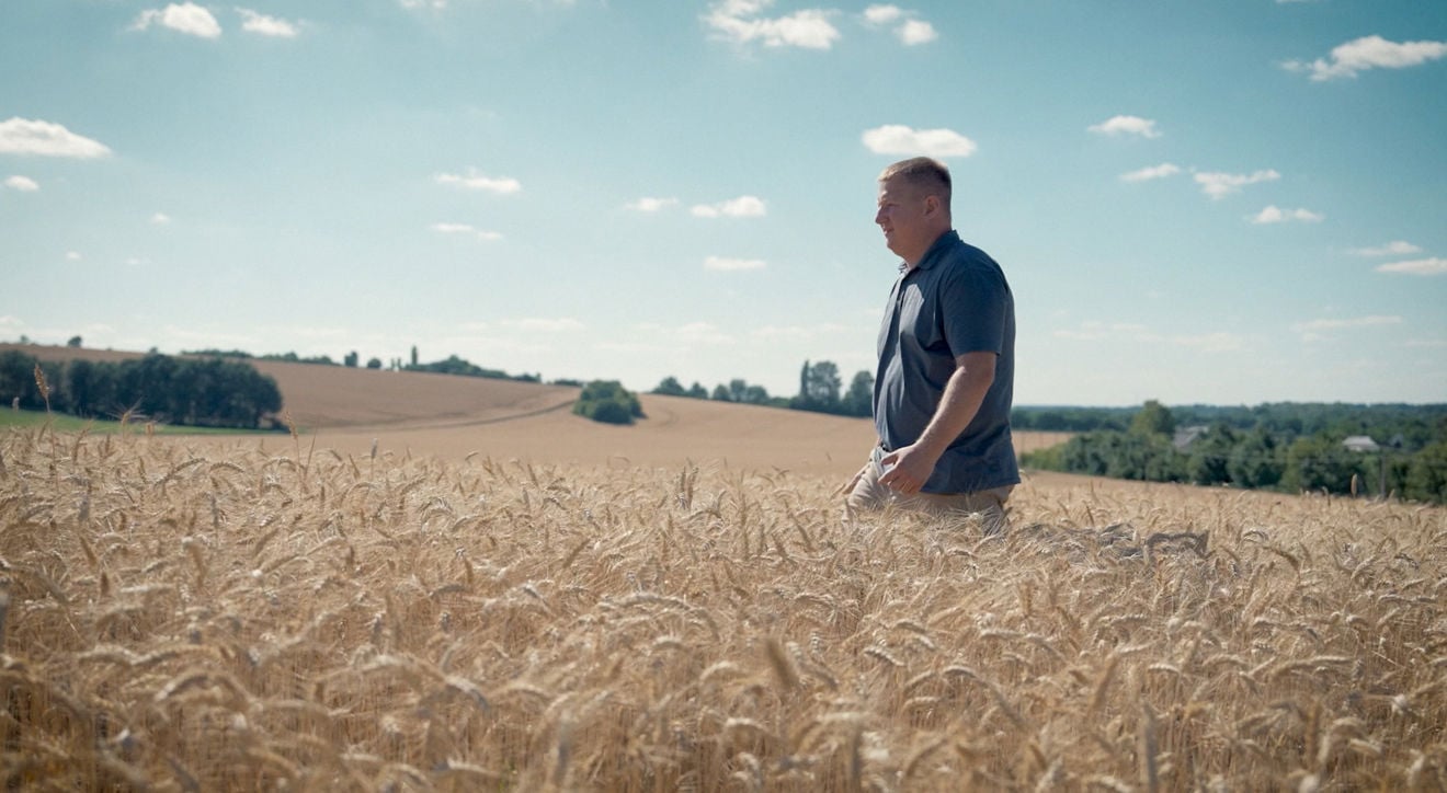 A man is standing in the middle of a wheat field. Blue sky above him.