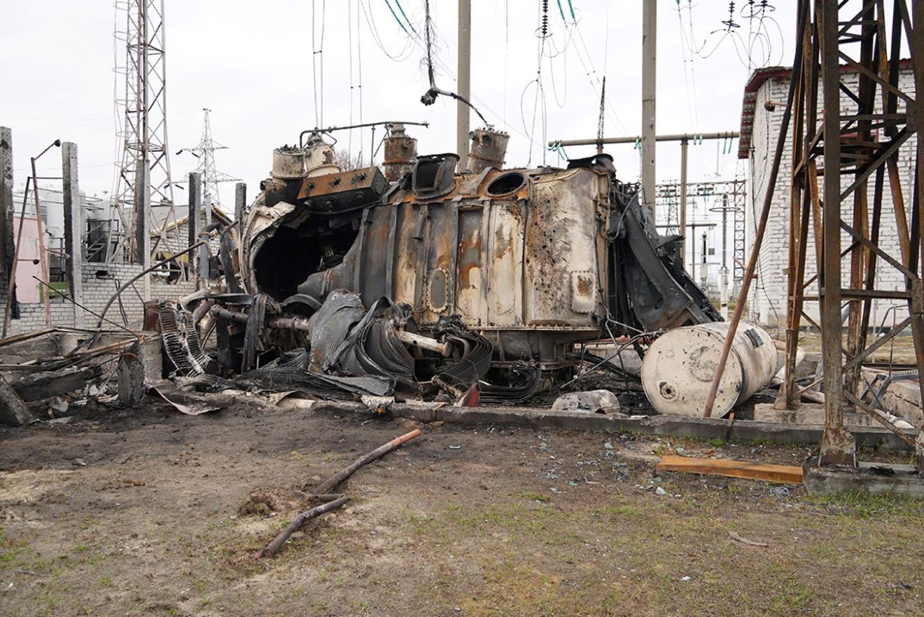 An autotransformer destroyed by a russian missile at one of the power stations in a densely populated area of central Ukraine.