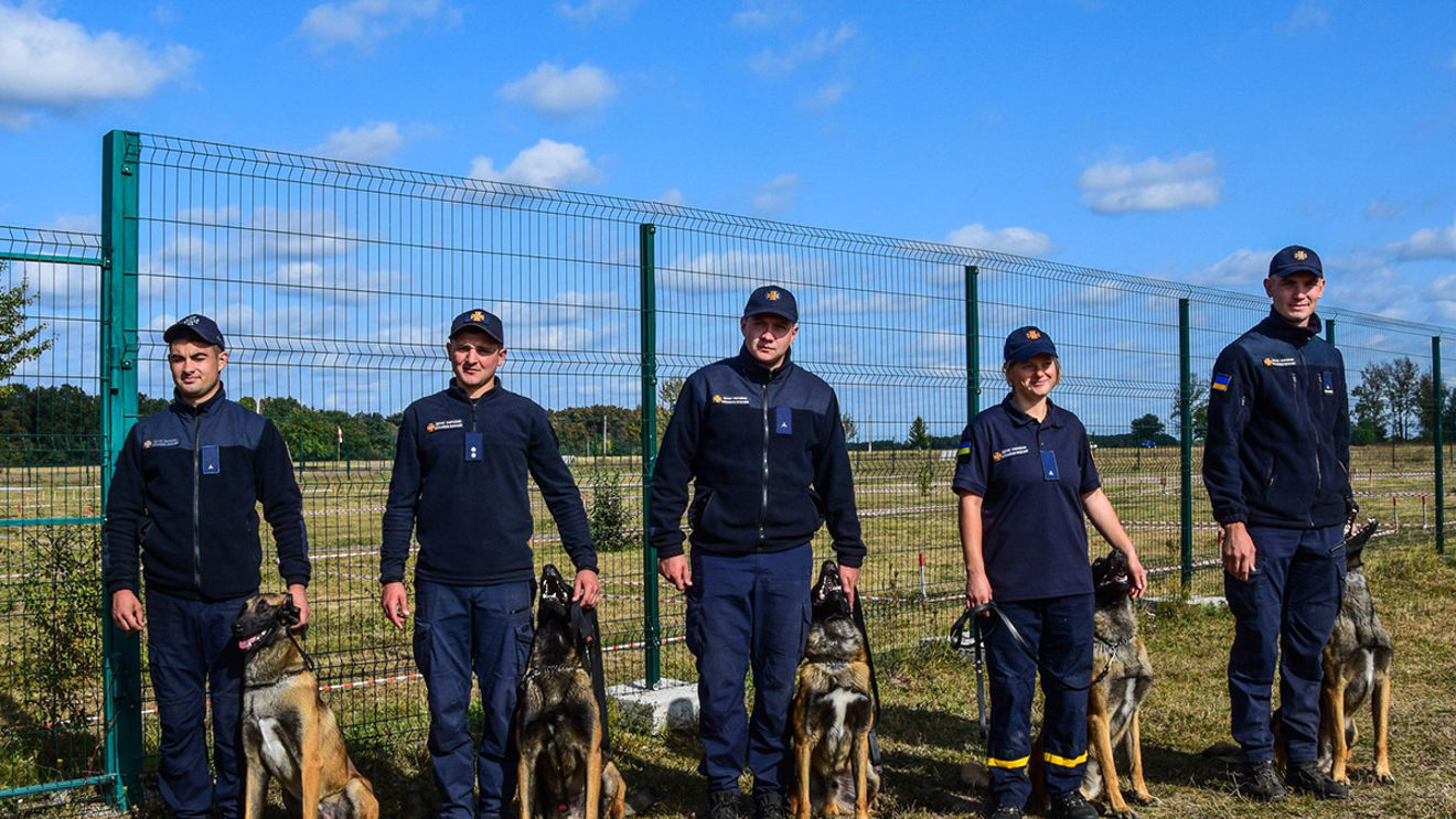 SESU dog-handlers and their dogs during their accreditation process, October 2023. Photo credit: Valerii Shokutko (SESU)