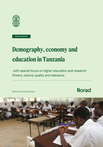 The report cover is light green with a professional design. At the top, there's a Norad logo and a label reading "NORAD REPORT." The main title is "Demography, economy and education in Tanzania," with a focus on higher education and research. The author's name, "Written by Knut Thonstad," is included. The cover features a photo of a classroom in Tanzania, with students in white uniforms studying at wooden desks.