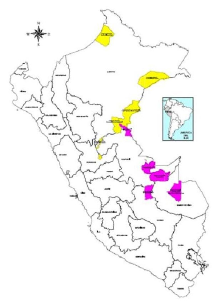Map from AIDESEP presentation entitled “Incidencia para mejorar el marco legal de protección de los pueblos indígenas en situación de aislamiento voluntario y contacto inicial y sus territorios en la Amazonia Peruana.” AIDESEP. April 2014